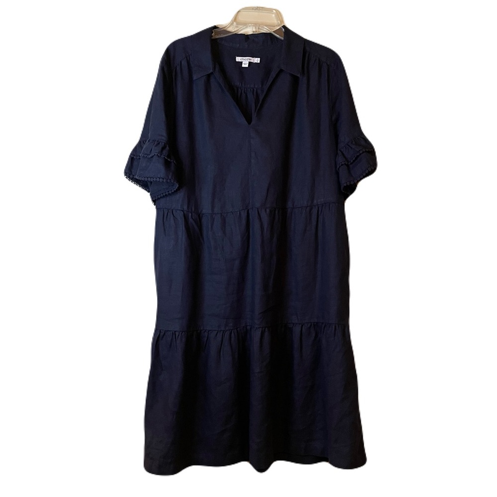 Chico’s Navy Blue Linen Tiered V-Neck Dress Chico’s Size 3 / XL / 16 - Picture 2 of 14